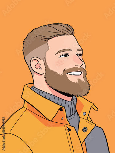 A man smiles while wearing a yellow jacket and a gray turtleneck sweater against an orange background. He has a thick beard.