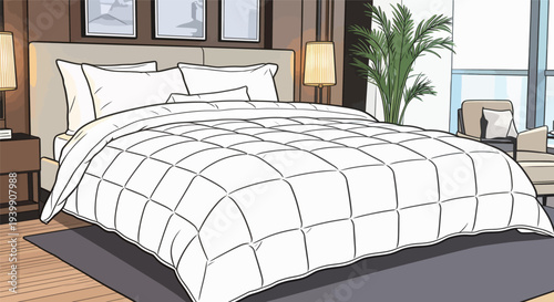 The scene shows a bedroom with a large bed dressed in a white quilt. Soft lights and plants add warmth to the space.