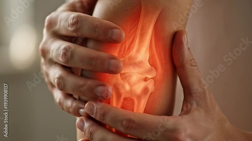 Close-up of a glowing human elbow joint, highlighting bone structure and radiating pain or inflammation, with hands framing the area suggesting discomfort or medical attention