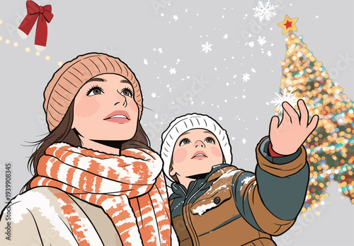 A mother and her child look up at a decorated Christmas tree while snowflakes fall around them in a winter scene.