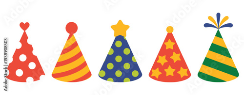 party hat illustrations set, isolated on white background hand drawn vector flat design birthday celebration festival carnival party clip art elements collection, colorful decorative party accessories