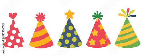 party hat illustrations set, isolated on white background hand drawn vector flat design birthday celebration festival carnival party clip art elements collection, colorful decorative party accessories