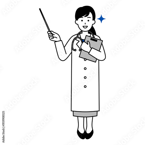 指示棒で説明する医師の女性（全身）