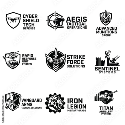 Set of military and tactical defense logos. Vector icons for cyber security, tactical operations, weaponry, and private security forces. Bold professional emblems for defense industry branding