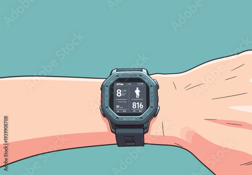 Hand displays a fitness watch with data on steps walked and heart rate while engaging in a workout routine.