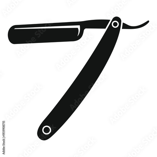 Black straight razor with open blade and handle shaving tool
