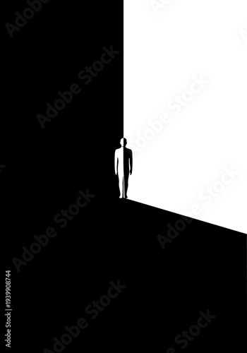 Individual silhouette standing at the symbolic intersection of stark black and white planes, representing a pivotal life choice, new beginnings, opportunity, or a moment of profound personal decision 