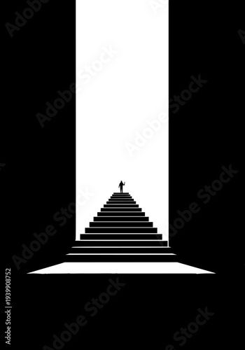 Silhouette of a lone figure ascending a large, dramatic staircase towards a brilliant vertical beam of bright white light symbolizing achievement, breakthrough, or ultimate destination.