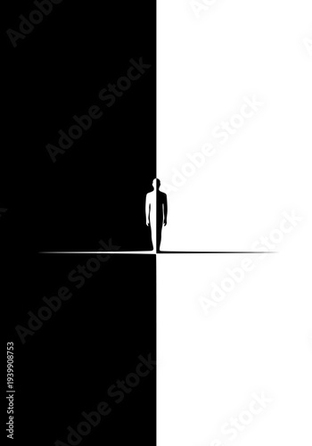 An abstract human figure stands at a conceptual intersection of contrasting black and white spaces, symbolizing a profound journey, the dichotomy of existence, or a crucial choice. 