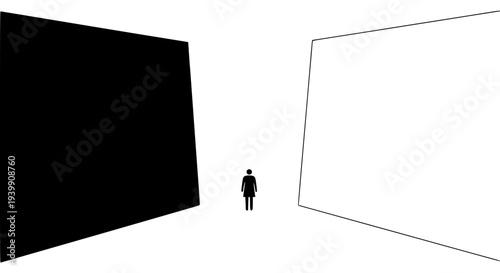 Person icon standing at a metaphorical crossroads with distinct black and white paths representing life choices, crucial options, and future decisions. This minimalist graphic depicts a pivotal moment