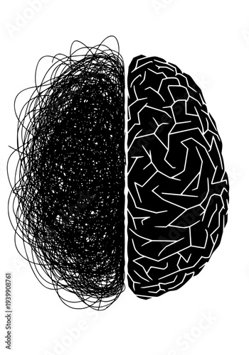 Brain hemispheres abstractly illustrate the duality between chaotic, tangled lines and glowing, structured patterns. 