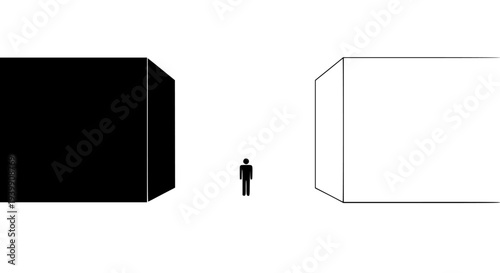 Person icon stands between contrasting black and white blocks, symbolizing a critical decision or choice dilemma. This minimalist abstract image represents distinct options, two different paths, or a 