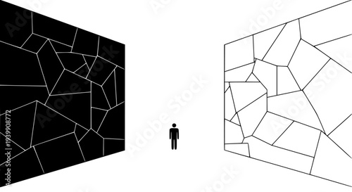 Stick figure human facing two contrasting walls, one solid black and one white outline mosaic structure, symbolizing crucial choice or difficult decision making process.