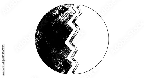 Abstract graphic illustration of a circular shape divided by a distinct zigzag line, showcasing a grunge textured black half and a clean white half, symbolizing contrast, separation, and distinct elem