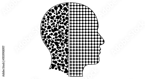 Silhouette profile human head divided into two distinct patterned sections representing duality, mental balance, contrast, or cognitive processing concepts.
