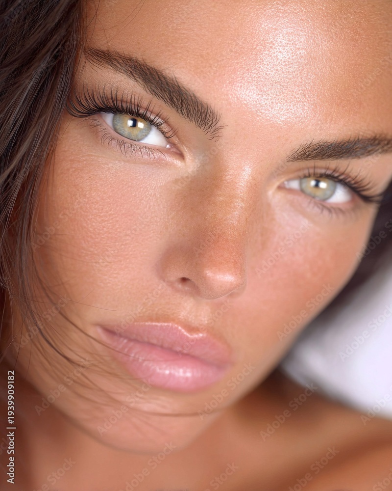 Obraz premium Glowing skin beauty portrait close-up of young woman – skincare branding, makeup editorial, social media content