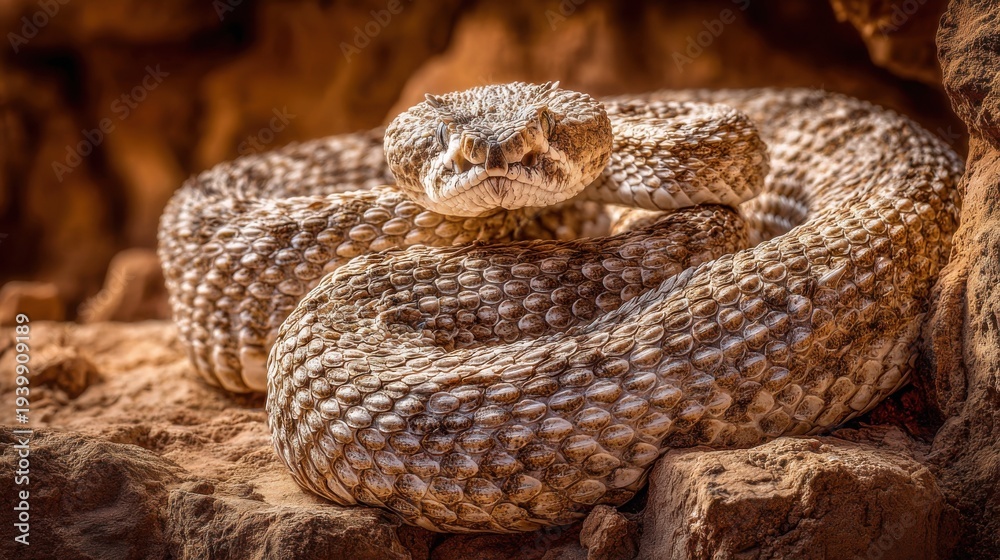Obraz premium A Fierce Viper Coiled Tensely on a Rocky Ledge, Its Scaly Skin Intricately Textured and Alert