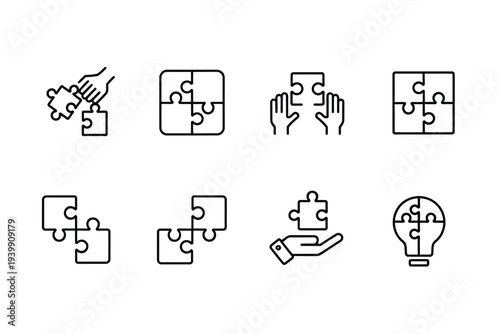 Eight minimalist line of puzzle pieces and hands line minimalist