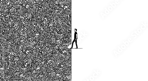 Minimalist black and white illustration of a man stepping out of a complex labyrinth structure onto a clear white open space symbolizing breakthrough discovery or new direction.