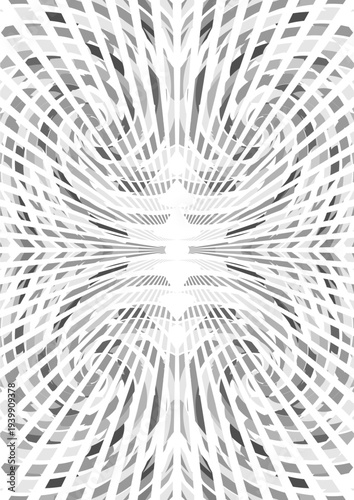 A striking and dynamic abstract pattern featuring symmetrical geometric lines and fragmented shapes radiating outward from a central focal point in black, white, and silver gray tones. The intricate m