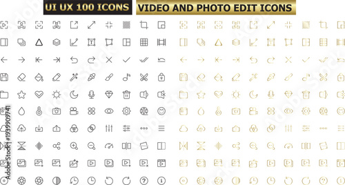 Collection of golden ui ux video and photo editing icons on black