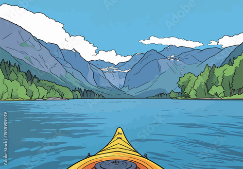 A kayak moves through a clear lake with mountains on both sides and trees along the shore under a blue sky.