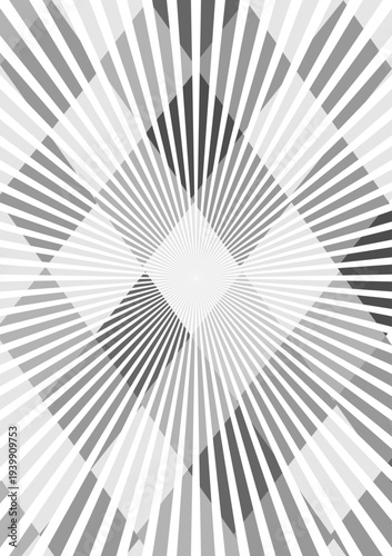 A bold and hypnotic geometric pattern featuring concentric diamond shapes formed by radiating lines in graduated shades of gray, from deep charcoal to soft silver and white. The optical illusion effec