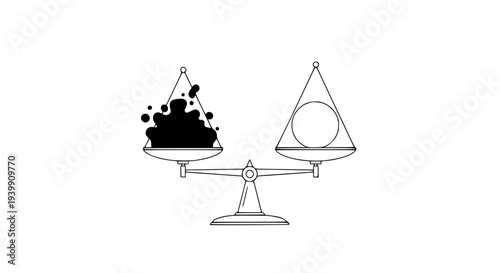 Abstract concept illustration showing a weighing scale balancing heavy black liquid pollution against a light white circle representing clean energy or purity concept.