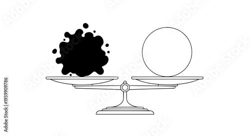 Balance scale showing a black amorphous blob against a perfect white circle, symbolizing problem-solving, quality, or choice. This illustrative vector graphic represents concepts like comparison, deci