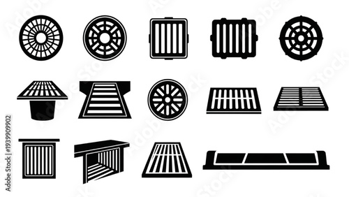 Set of different drain covers and grates, sewer manhole covers, street furniture