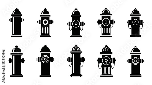 Collection of Various Fire Hydrants in Black and White Silhouette Style