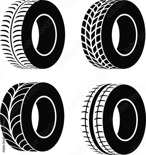 Four black and white tire with different tread patterns