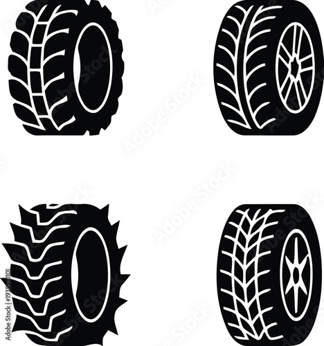 Four different types of tires in black and white line