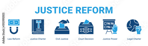 Justice Reform web banner icon concept,  with Law Reform, Justice Charter, Civil Justice, Court Decision, Justice Power, Legal Charter.