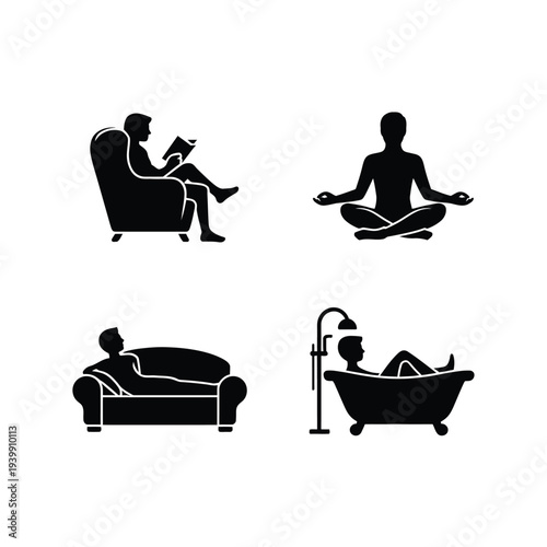 Four black silhouettes of people relaxing in different settings