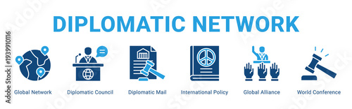 Diplomatic Network web banner icon concept,  with Global Network, Diplomatic Council, Diplomatic Mail, International Policy, Global Alliance, World Confere.