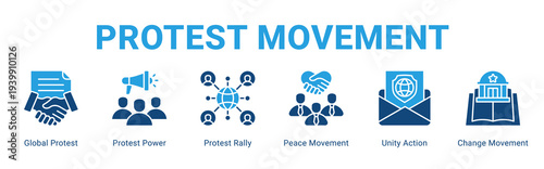 Protest Movement web banner icon concept,  with Global Protest, Protest Power, Protest Rally, Peace Movement, Unity Action, Change Movemen.