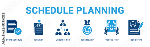 Schedule Planning web banner icon concept,  with Event Schedule, Task List, Checklist File, Task Review, Process Flow, Task Se.