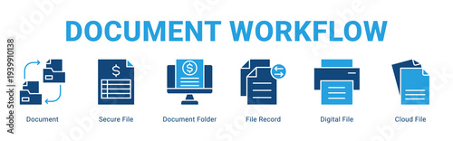 Document Workflow web banner icon concept,  with Document, Secure File, Document Folder, File Record, Digital File, Cloud File.