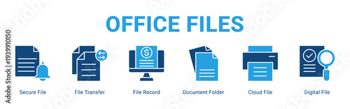 Office Files web banner icon concept,  with Secure File, File Transfer, File Record, Document Folder, Cloud File, Digital File.