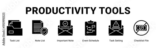 Productivity Tools web banner icon concept,  with Task List, Note List, Important Note, Event Schedule, Task Setting, Checkli.