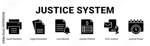 Justice System web banner icon concept,  with Court Decision, Legal Document, Law Record, Justice Charter, Civil Justice, Justice Power.