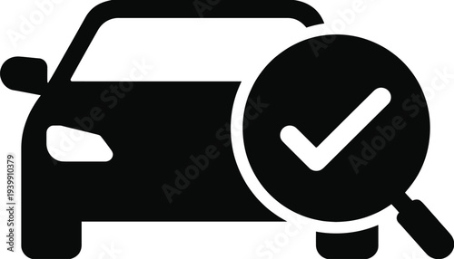 Minimalist black and white car inspection with magnifying glass