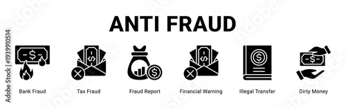 Anti Fraud web banner icon concept,  with Bank Fraud, Tax Fraud, Fraud Report, Financial Warning, Illegal Transfer, Dirty Money.