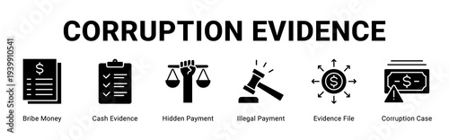 Corruption Evidence web banner icon concept,  with Bribe Money, Cash Evidence, Hidden Payment, Illegal Payment, Evidence File, Corruption Case.