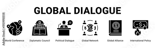 Global Dialogue web banner icon concept,  with World Conference, Diplomatic Council, Political Dialogue, Global Network, Global Alliance, Interna.