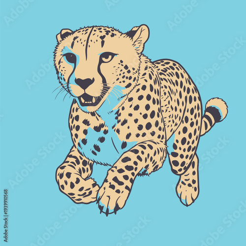 A cheetah runs swiftly with its spots visible and a determined look. The background is blue and enhances the motion.