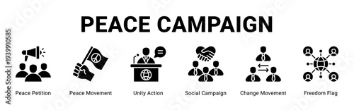 Peace Campaign web banner icon concept,  with Peace Petition, Peace Movement, Unity Action, Social Campaign, Change Movement, Freedom Flag.