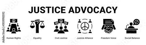 Justice Advocacy web banner icon concept,  with Human Rights, Equality, Civil Justice, Justice Alliance, Freedom Voice, Social Balance.