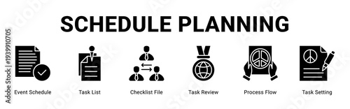 Schedule Planning web banner icon concept,  with Event Schedule, Task List, Checklist File, Task Review, Process Flow, Task Se.